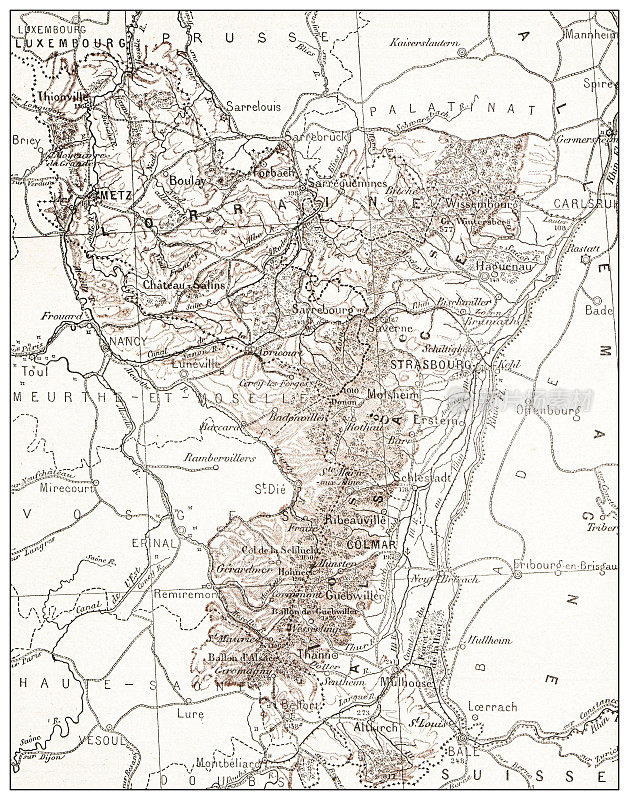 弗伦奇串珠map of Alsace-Lorraine与Vosges (département)